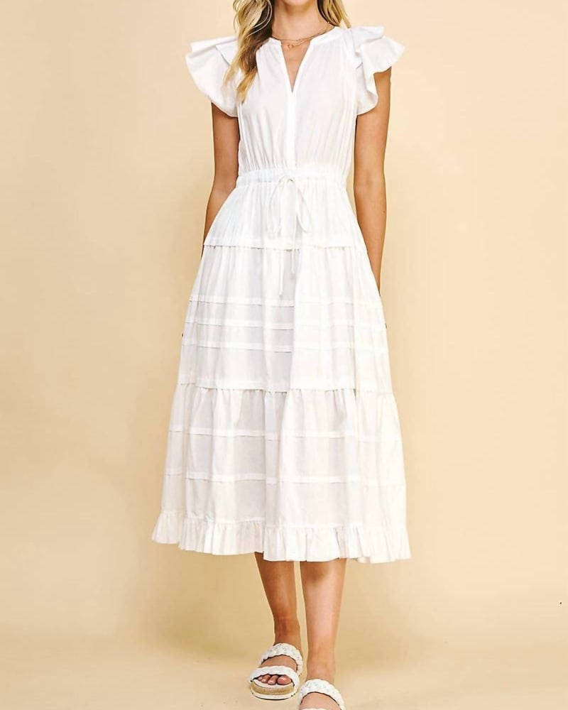 Front of a model wearing a size LARGE Trixie Tiered Dress In White in White by PINCH. | dia_product_style_image_id:356346